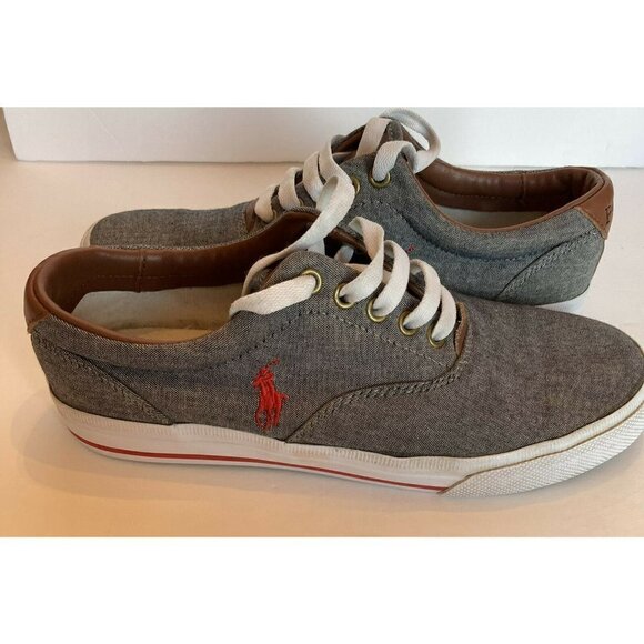 Ralph Lauren Polo Vaughn Sneaker Gray Chambray Leather Trim Mens Shoes SZ 7.5 - Picture 8 of 12